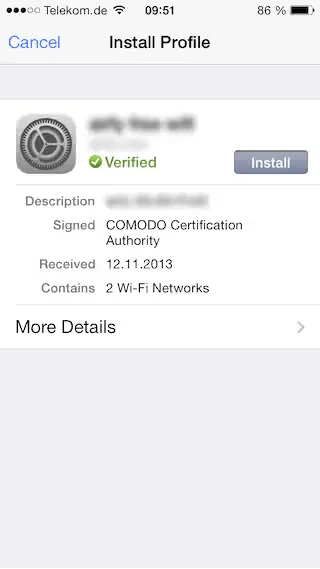 iOS Screenshot: Headline is 'Install Profile' a green checkmark is visible next to the word 'Verified' and a button labeled 'Install'
