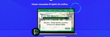 Mockup eines Laptops mit der neuen Rivvers-Website auf blauem Hintergrund mit Text ‚Unser neuestes Projekt ist online‘ – Visual für den Markenrelaunch und Webdesign durch 9elements.