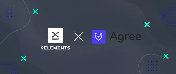 Logo-Darstellung von 9elements und Agree mit einem „x“ dazwischen, das eine Partnerschaft symbolisiert. Visualisierung im Rahmen des Blogbeitrags über die Beteiligung von 9elements an der Seed-Runde von Agree.com.