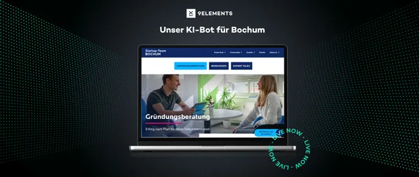 Screenshot der Gründungsberatung-Website der Bochum-Wirtschaftsentwicklung. Darauf ist der Button für weitere Informationen inklusive Absprung zum KI-Bot verlinkt.