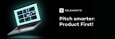 Links ist ein Mock-up eines Laptops mit einer Pitch-Präsentation, rechts steht "Pitch smarter: Product First!"