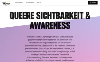 Screenshot der Queermentor Website. Im Fokus ist die Headline 'Queere Sichtbarkeit & Awareness'.
