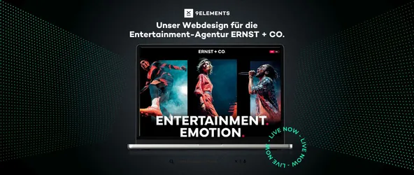 Screenshot der ERNST + CO Website, die von 9elements gebaut wurde. Darüber steht 'Unser Webdesign für die Entertainment-Agentur ERNST + CO.